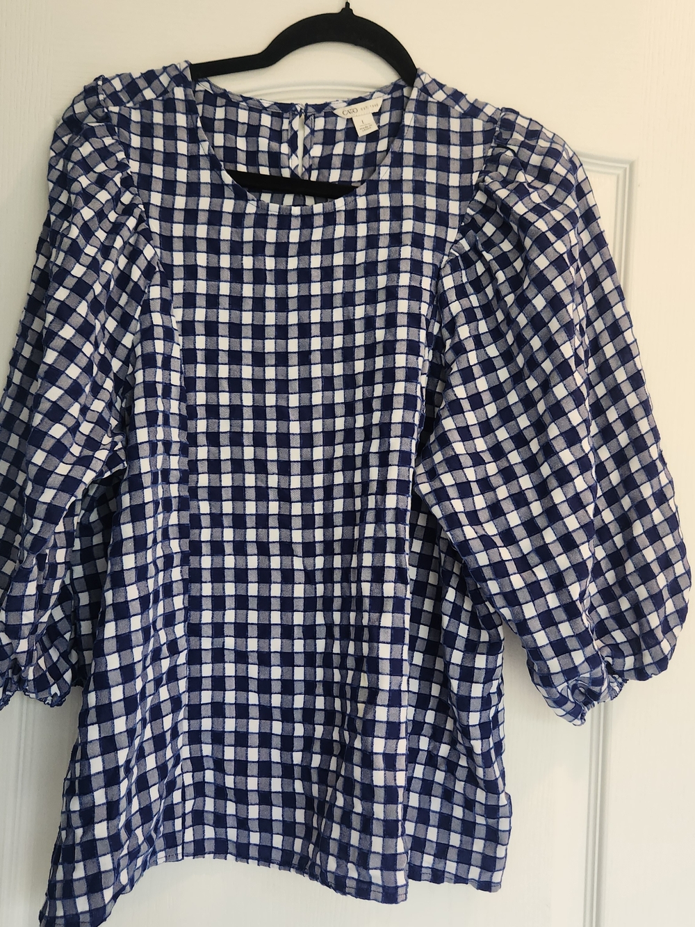 Cato Navy and White Gingham Puff-Sleeve Dress L Euc